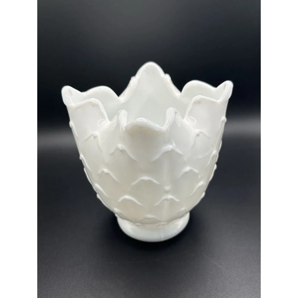 Vintage Imperial Milk Glass Crimped Cupped Vase 5”